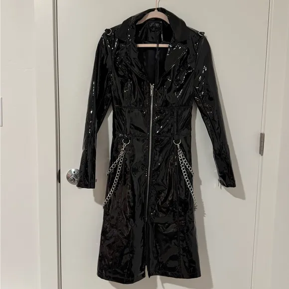 NWT Dolls Kill Widow Temptress Triumph Black Faux Patent PU Trench Coat XS