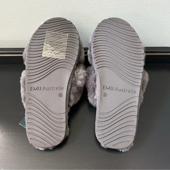 NWT Emu Australia Mayberry Gray Fluffy Crossover Slipper, Size 9