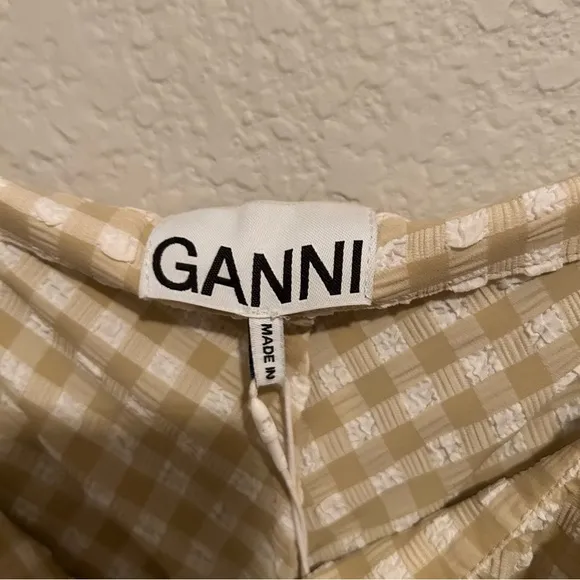 NWT GANNI Seesucker Adjustable Strap Mini Dress in Pale Khaki Gingham