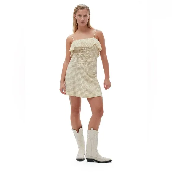 NWT GANNI Seesucker Adjustable Strap Mini Dress in Pale Khaki Gingham