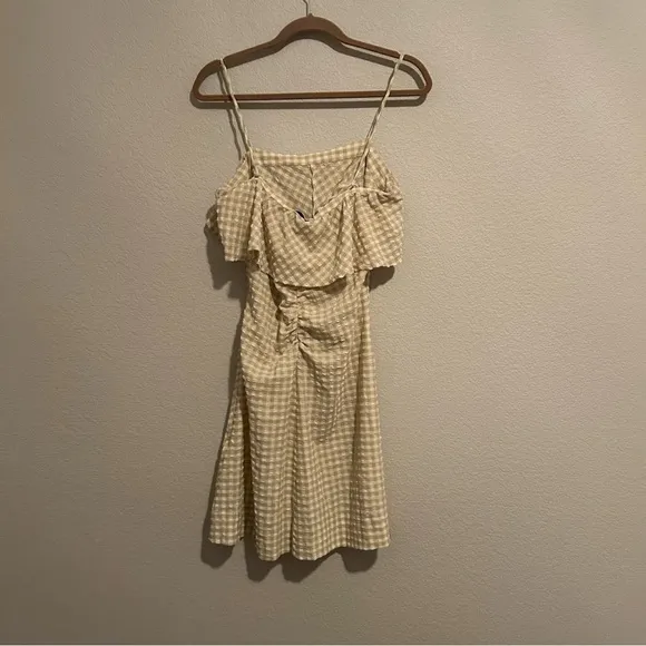 NWT GANNI Seesucker Adjustable Strap Mini Dress in Pale Khaki Gingham