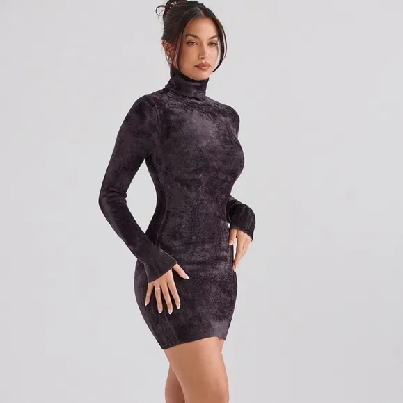 NWT House of CB Taya Charcoal Chenille Long Sleeve Turtleneck Mini‎ Dress M