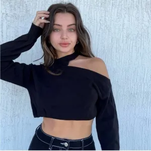 NWT Michael Costello X Revolve Asym Shoulder Cut Out Dolman Crop Sweater Black L