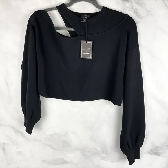 NWT Michael Costello X Revolve Asym Shoulder Cut Out Dolman Crop Sweater Black L