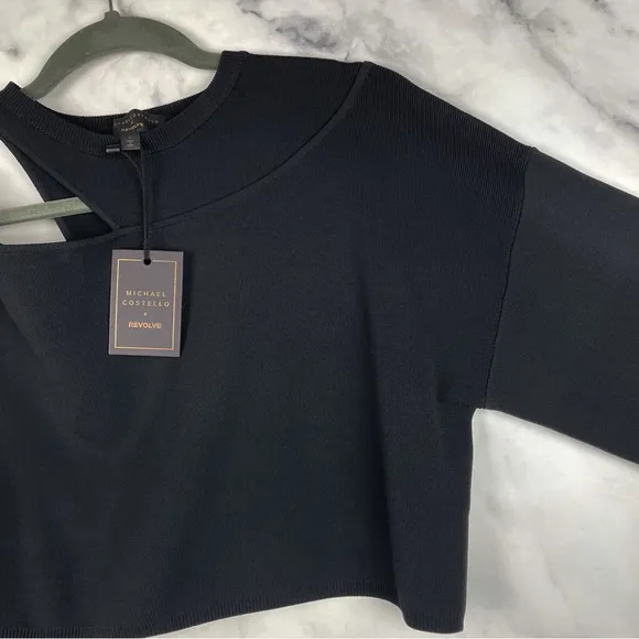 NWT Michael Costello X Revolve Asym Shoulder Cut Out Dolman Crop Sweater Black L