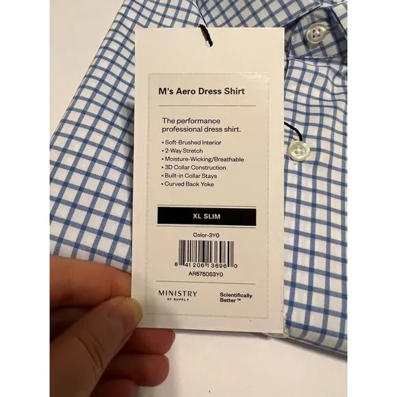 NWT Ministry Of Supply Men's Slim Fit Button Up Aero Dress Shirt Blue White XL