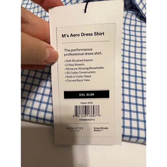 NWT Ministry Of Supply Men's Slim Fit Button Up Aero Dress Shirt Blue White XXL