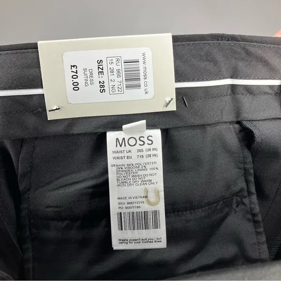 NWT MOSS BROS LONDON Slim Fit Black Dress Trousers 28S