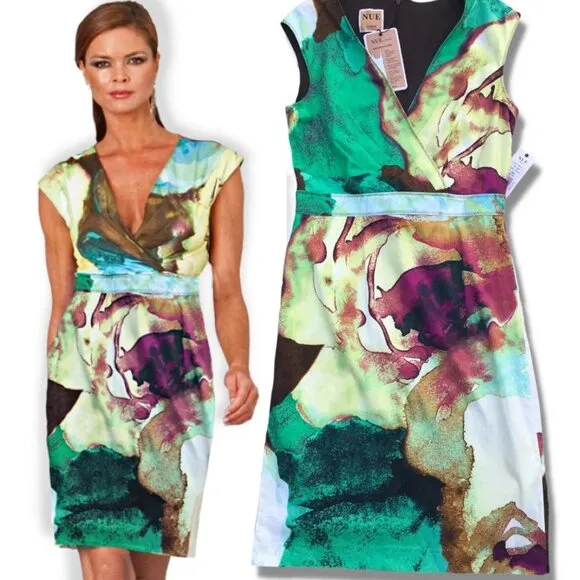 NWT Nue By Shani Green Print Slimming Compression Underlay Knee Length Dress 10
