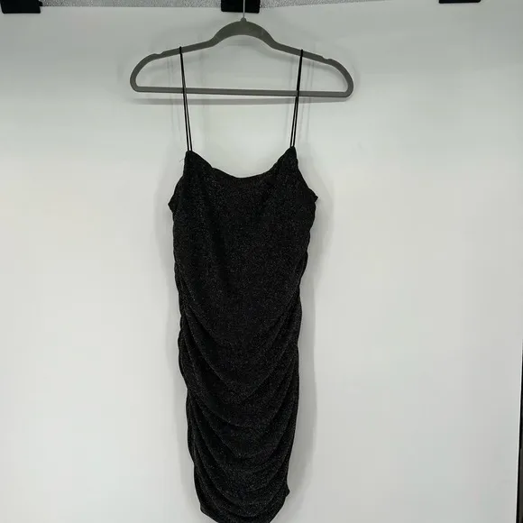 NWT Princess Polly Reeva Mini Dress Women's Size 14 Black Curve Shimmer Slim Fit