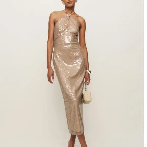 NWT Reformation Iridessa Halter Midi Dress - Champagne Sequin
