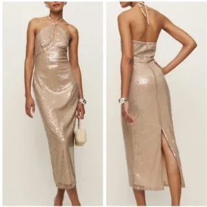 NWT Reformation Iridessa Halter Midi Dress - Champagne Sequin