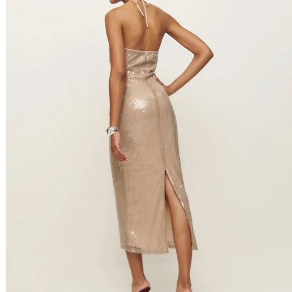 NWT Reformation Iridessa Halter Midi Dress - Champagne Sequin