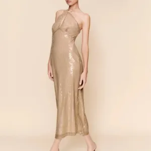 NWT Reformation Iridessa Midi Dress Sz4 Champagne Sequin Halter Cocktail Evening