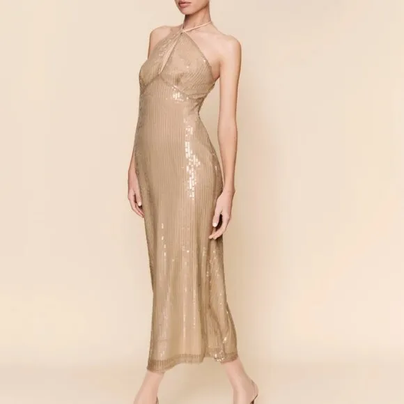 NWT Reformation Iridessa Midi Dress Sz4 Champagne Sequin Halter Cocktail Evening
