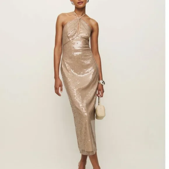 NWT Reformation Iridessa Midi Halter Dress Sz6 Champagne Sequin Beige