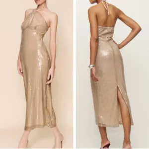 NWT Reformation Iridessa Midi Halter Dress Sz6 Champagne Sequin Beige