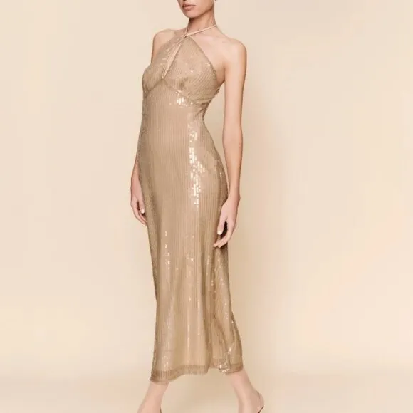 NWT Reformation Iridessa Midi Halter Dress Sz6 Champagne Sequin Beige