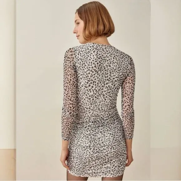 NWT Reformation Tomas Leopard Print Mini Ruched Long Sleeve Dress Size M