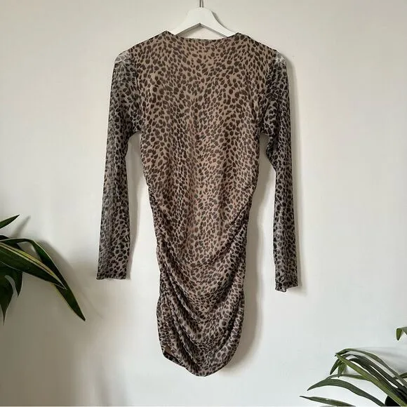NWT Reformation Tomas Leopard Print Mini Ruched Long Sleeve Dress Size M