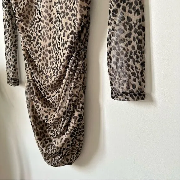 NWT Reformation Tomas Leopard Print Mini Ruched Long Sleeve Dress Size M