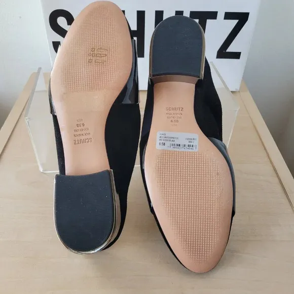 NWT - SCHUTZ Women’s Black Patent Suede Slide On Block Heel Mule (Size: 6½ B)
