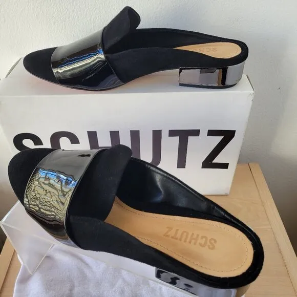 NWT - SCHUTZ Women’s Black Patent Suede Slide On Block Heel Mule (Size: 6½ B)
