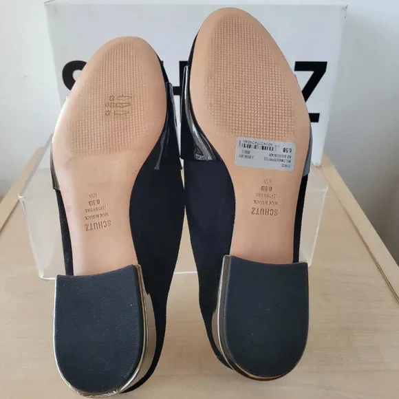 NWT - SCHUTZ Women’s Black Patent Suede Slide On Block Heel Mule (Size: 6½ B)