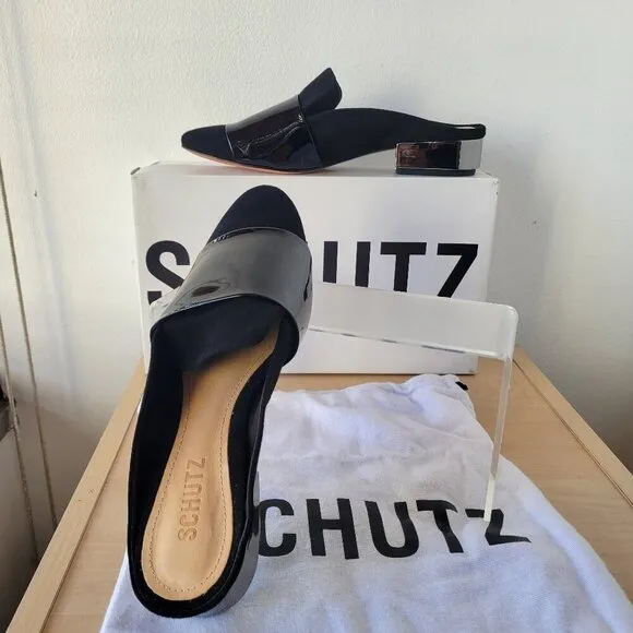 NWT - SCHUTZ Women’s Black Patent Suede Slide On Block Heel Mule (Size: 6½ B)