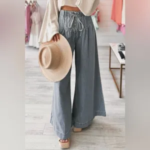 NWT So Me Wide Leg Drawstring Smocked Button Fly Waist Yoked Pleated Denim Jeans