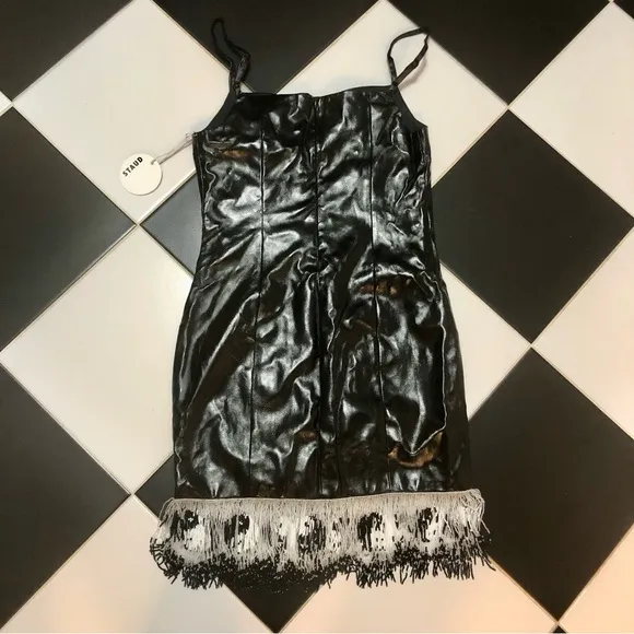 NWT Staud Joan Yin Yang Dress Beaded Fringe Black Faux Leather Sleeveless sz 10