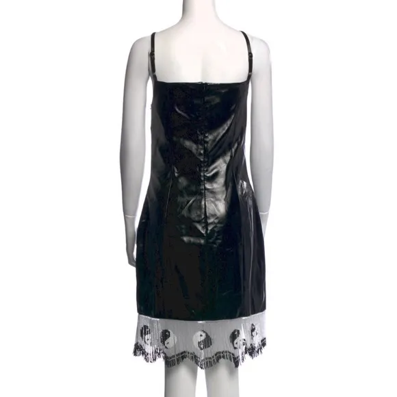 NWT Staud Joan Yin Yang Dress Beaded Fringe Black Faux Leather Sleeveless sz 10