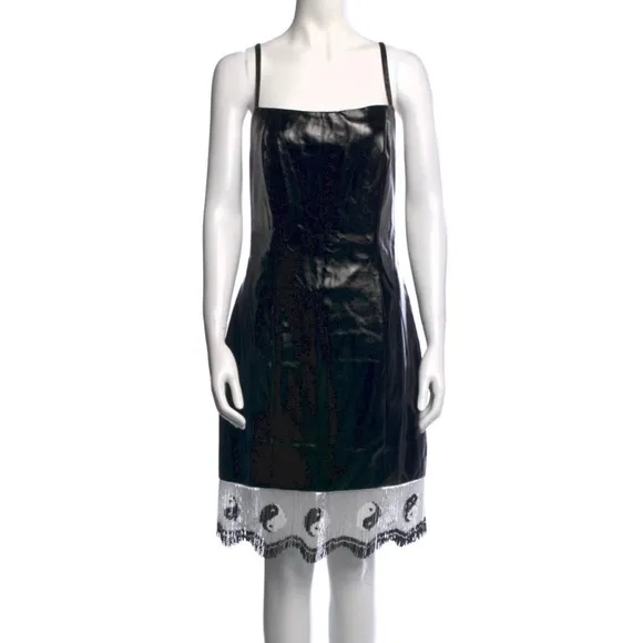 NWT Staud Joan Yin Yang Dress Beaded Fringe Black Faux Leather Sleeveless sz 10
