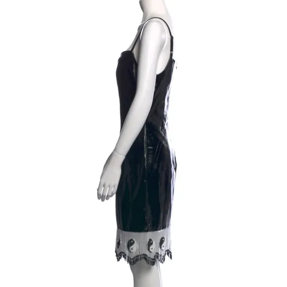 NWT Staud Joan Yin Yang Dress Beaded Fringe Black Faux Leather Sleeveless sz 10