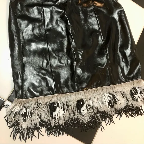 NWT Staud Joan Yin Yang Dress Beaded Fringe Black Faux Leather Sleeveless sz 10