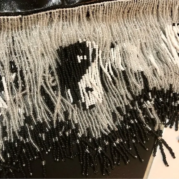 NWT Staud Joan Yin Yang Dress Beaded Fringe Black Faux Leather Sleeveless sz 10