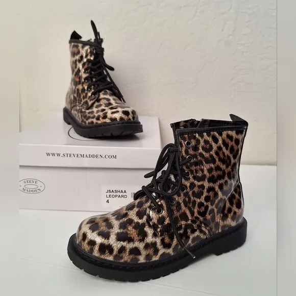 NWT Steve Madden kids women combat boots sparkly glitter leopard zipper lace up