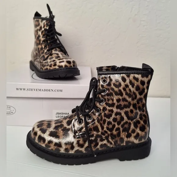 NWT Steve Madden kids women combat boots sparkly glitter leopard zipper lace up
