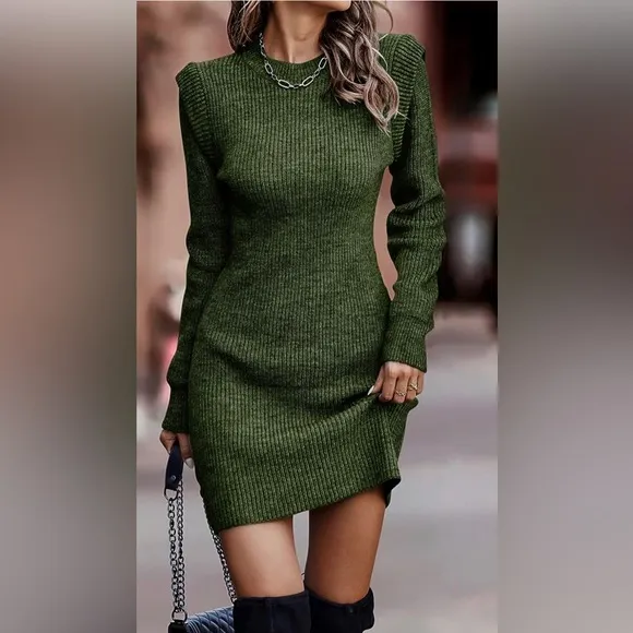 NWT Sweater Bodycon Short Dress Long Sleeve Crew Neck Slim Fit Mini Ribbed Knit