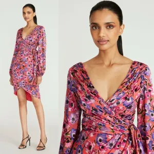 NWT Theia Monika Poppy Floral Draped Cocktail Dress