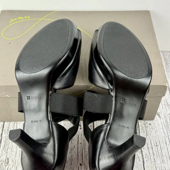 NWT Ziera black Leather Buckle open toe Heels pumps &quot;Jacklyn&quot; Size EU 41 US 10