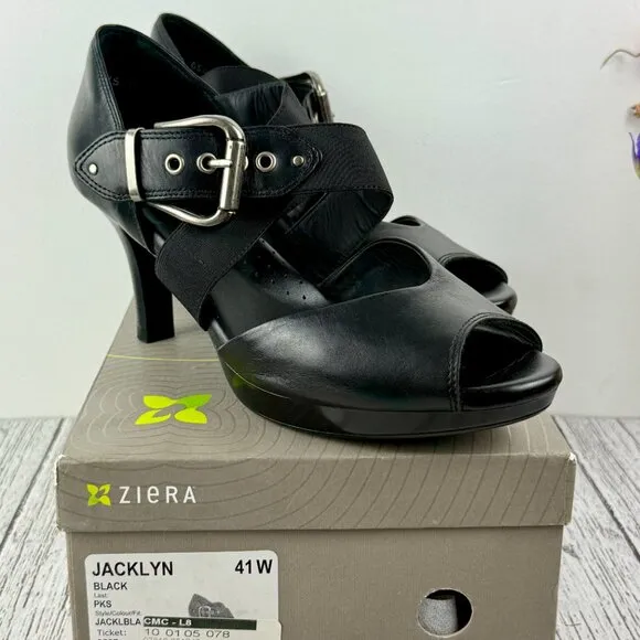 NWT Ziera black Leather Buckle open toe Heels pumps &quot;Jacklyn&quot; Size EU 41 US 10
