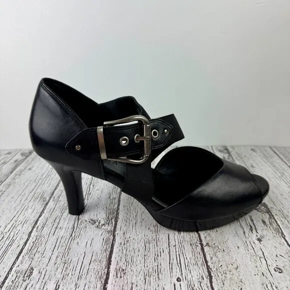 NWT Ziera black Leather Buckle open toe Heels pumps &quot;Jacklyn&quot; Size EU 41 US 10