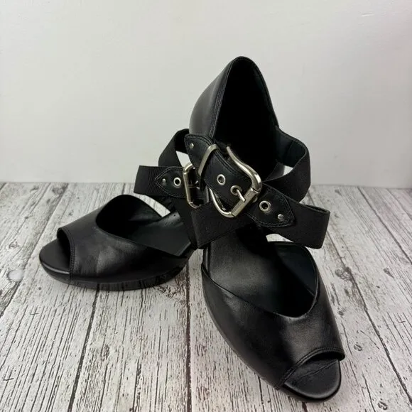 NWT Ziera black Leather Buckle open toe Heels pumps &quot;Jacklyn&quot; Size EU 41 US 10