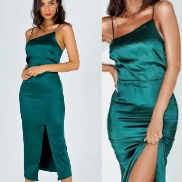 Oh Polly Emerald Green Asymetrical Satin Side Slit Midi Dress