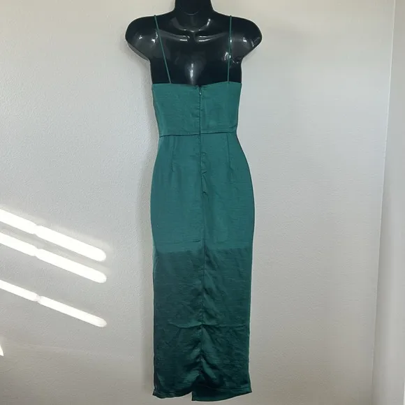 Oh Polly Emerald Green Asymetrical Satin Side Slit Midi Dress