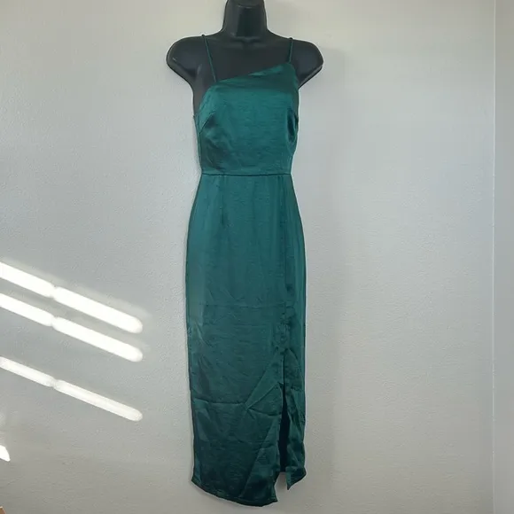 Oh Polly Emerald Green Asymetrical Satin Side Slit Midi Dress