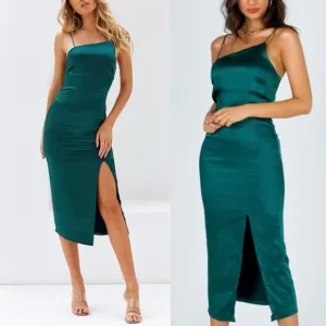 Oh Polly Emerald Green Asymetrical Satin Side Slit Midi Dress