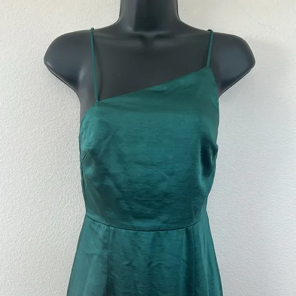 Oh Polly Emerald Green Asymetrical Satin Side Slit Midi Dress