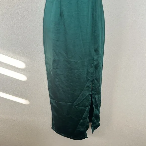 Oh Polly Emerald Green Asymetrical Satin Side Slit Midi Dress
